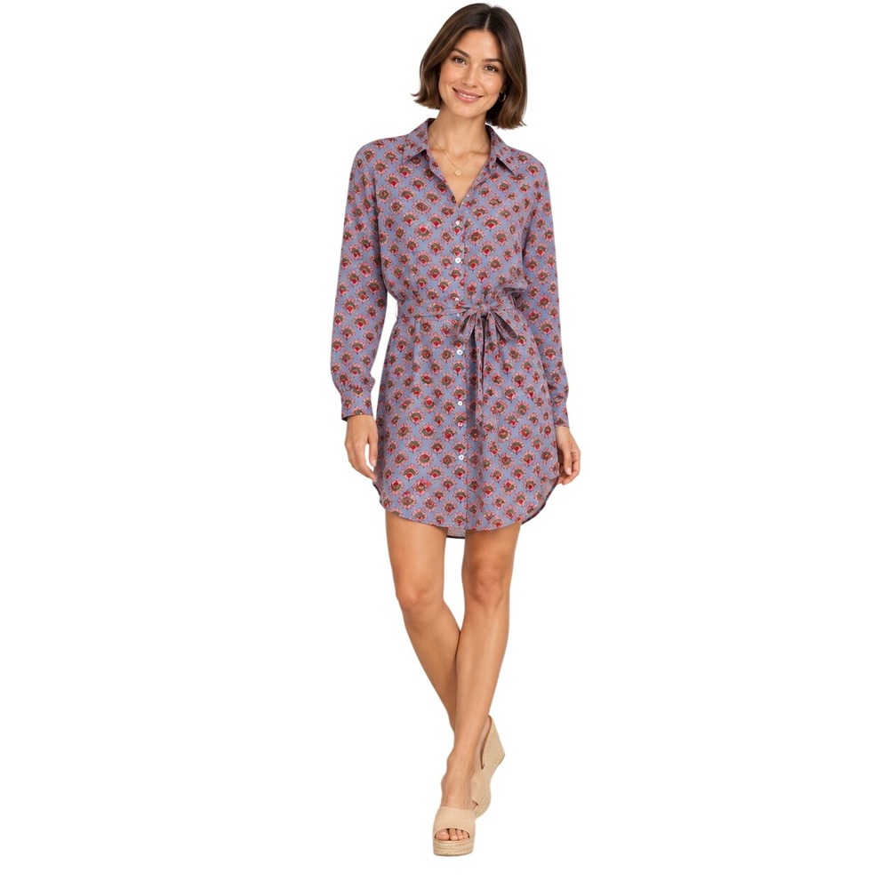 Xirena Blue Pink Floral Cotton Shirt Dress Tie Waist Long Sleeve Size M